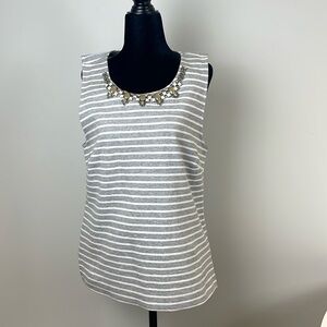 J. Crew grey and white striped jewelry embellished tank size medium